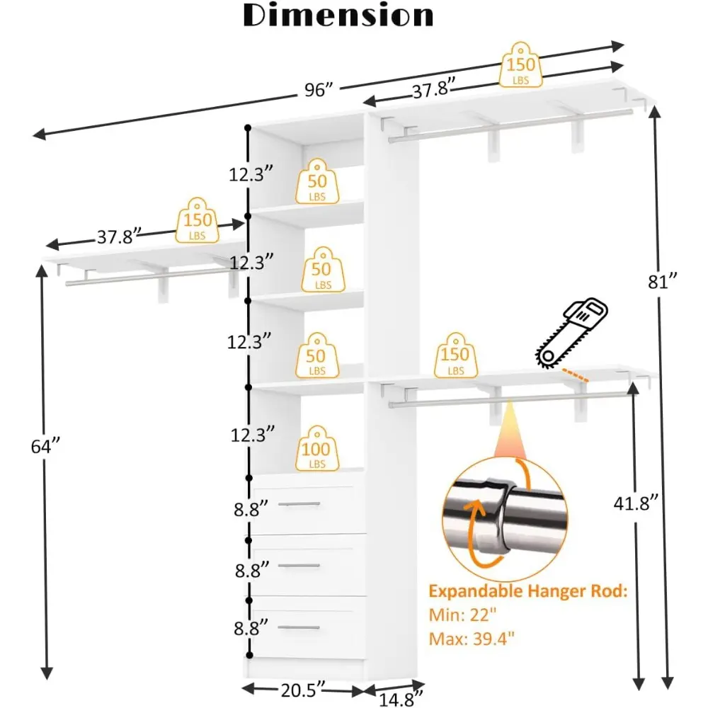 Dilando Closet Organizer System with Drawers, 8FT Closet Shelving System 96" Walk in Wood Corner Closet Storage System with 3 Sh