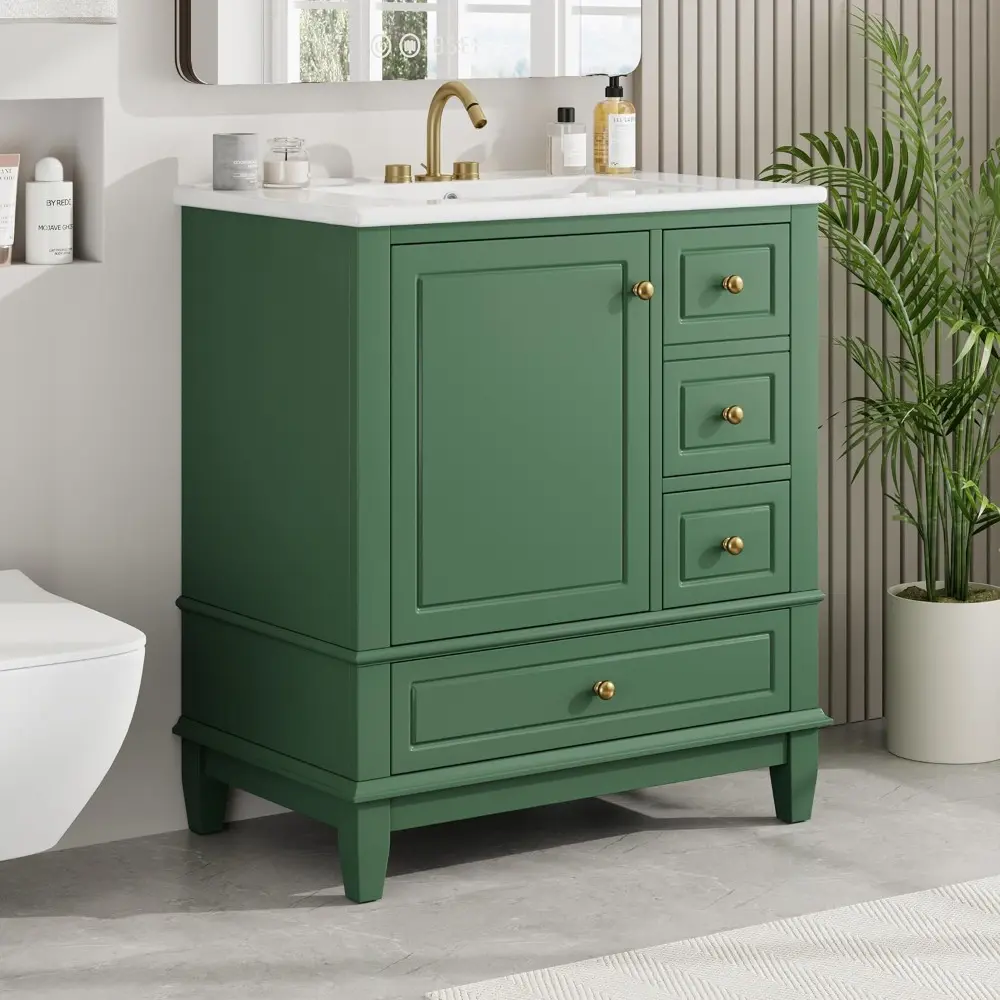 30" Bathroom Vanities Cabinet with Ceramic Sink Set Combo, Multi-Functional Storage Organizer Door Shelf, Three Drawers, Soft-Cl