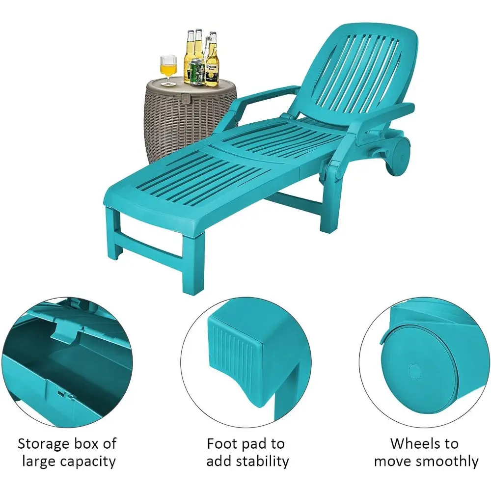 Outdoor Patio Rolling Lounge Chair Chaise Lounge Lounger Sunbathing Bed Reclining Chair 6 Adjustable Backrest Positions Lightwei