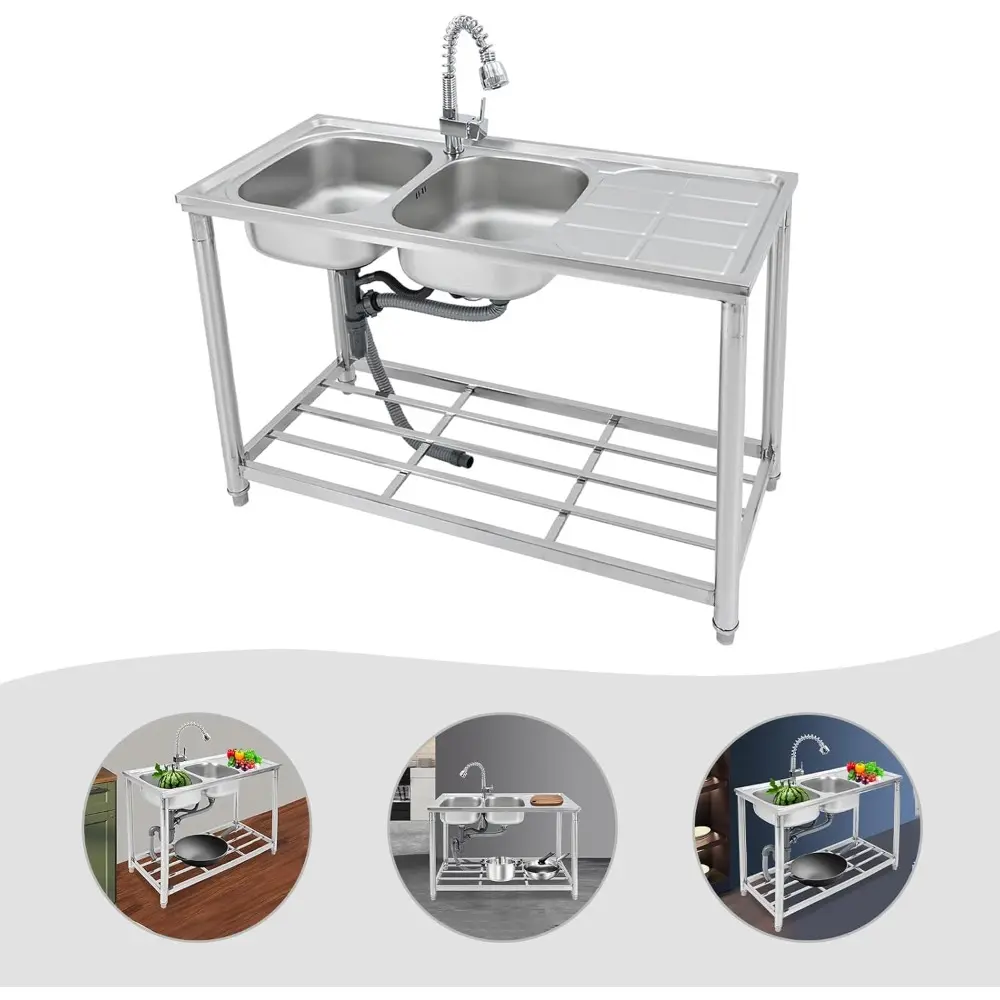 Commercial Freestanding Sink with 2 Compartments Stainless Steel Restaurant Kitchen Sink w/Faucet & Drainboard, Prep & Utility D