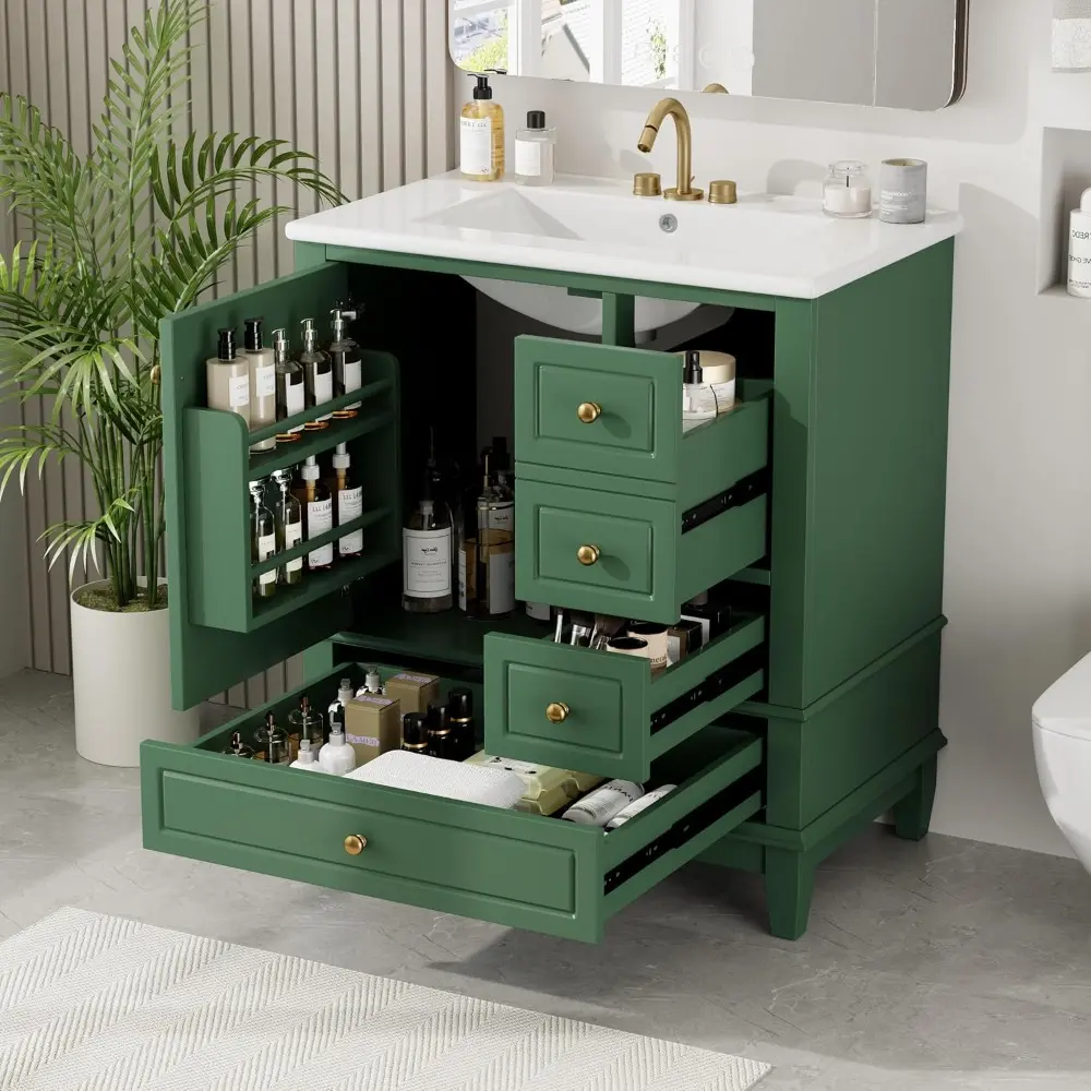 30" Bathroom Vanities Cabinet with Ceramic Sink Set Combo, Multi-Functional Storage Organizer Door Shelf, Three Drawers, Soft-Cl