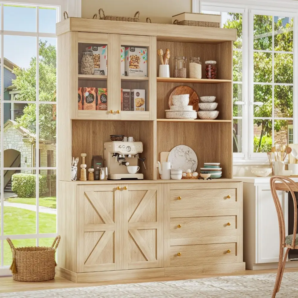 71" Tall Farmhouse Kitchen Pantry,Brown Large Storage Cabinet with Glass Doors and Drawers, Freestanding Coffee Bar Hutch with M