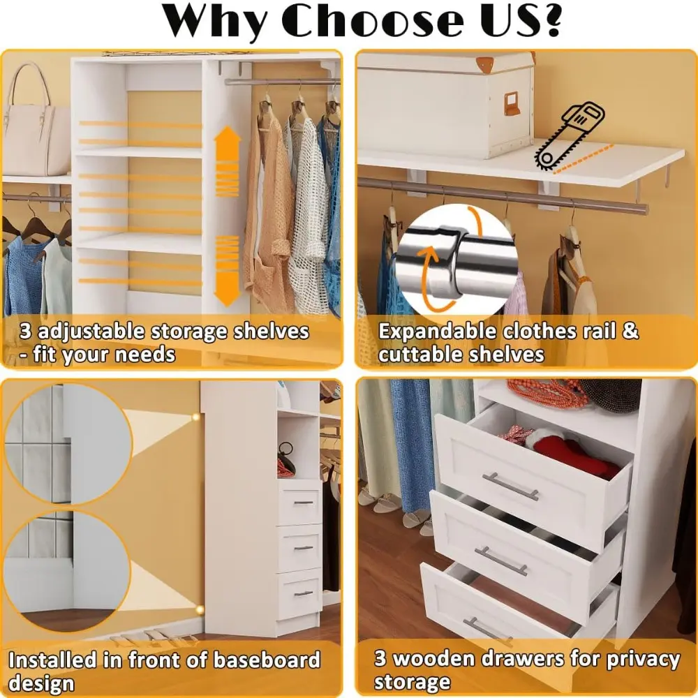 Dilando Closet Organizer System with Drawers, 8FT Closet Shelving System 96" Walk in Wood Corner Closet Storage System with 3 Sh