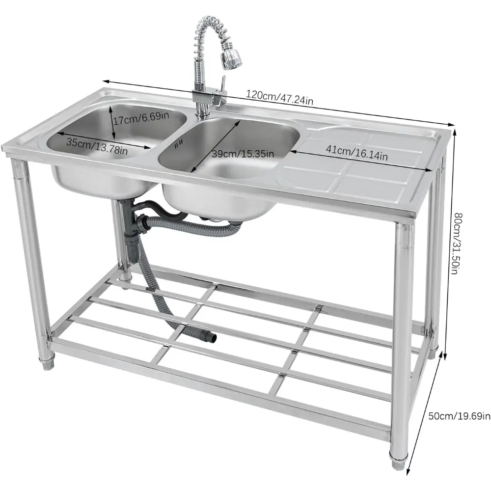 Commercial Freestanding Sink with 2 Compartments Stainless Steel Restaurant Kitchen Sink w/Faucet & Drainboard, Prep & Utility D