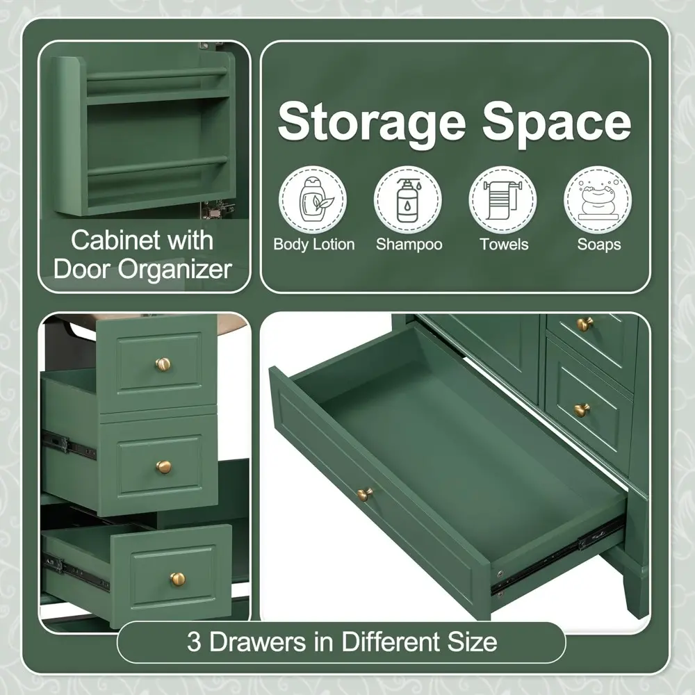 30" Bathroom Vanities Cabinet with Ceramic Sink Set Combo, Multi-Functional Storage Organizer Door Shelf, Three Drawers, Soft-Cl