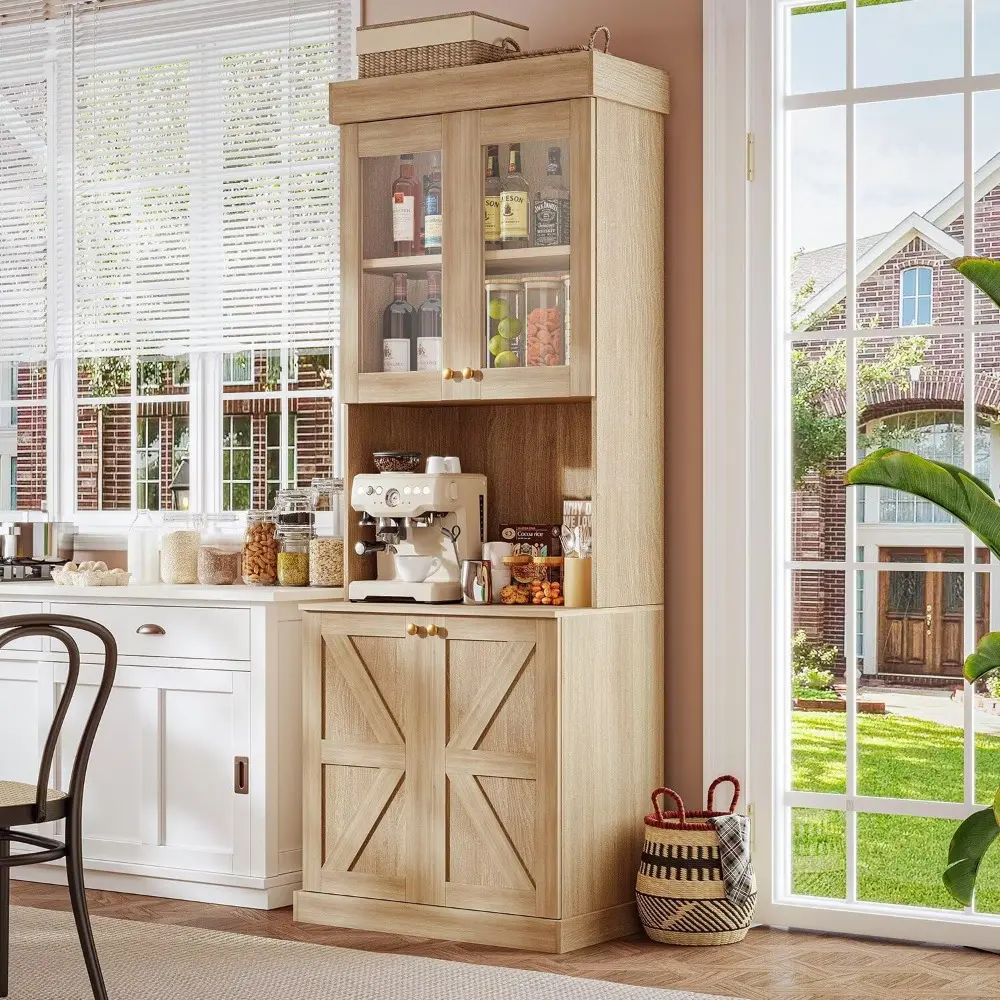 71" Tall Farmhouse Kitchen Pantry,Brown Large Storage Cabinet with Glass Doors and Drawers, Freestanding Coffee Bar Hutch with M