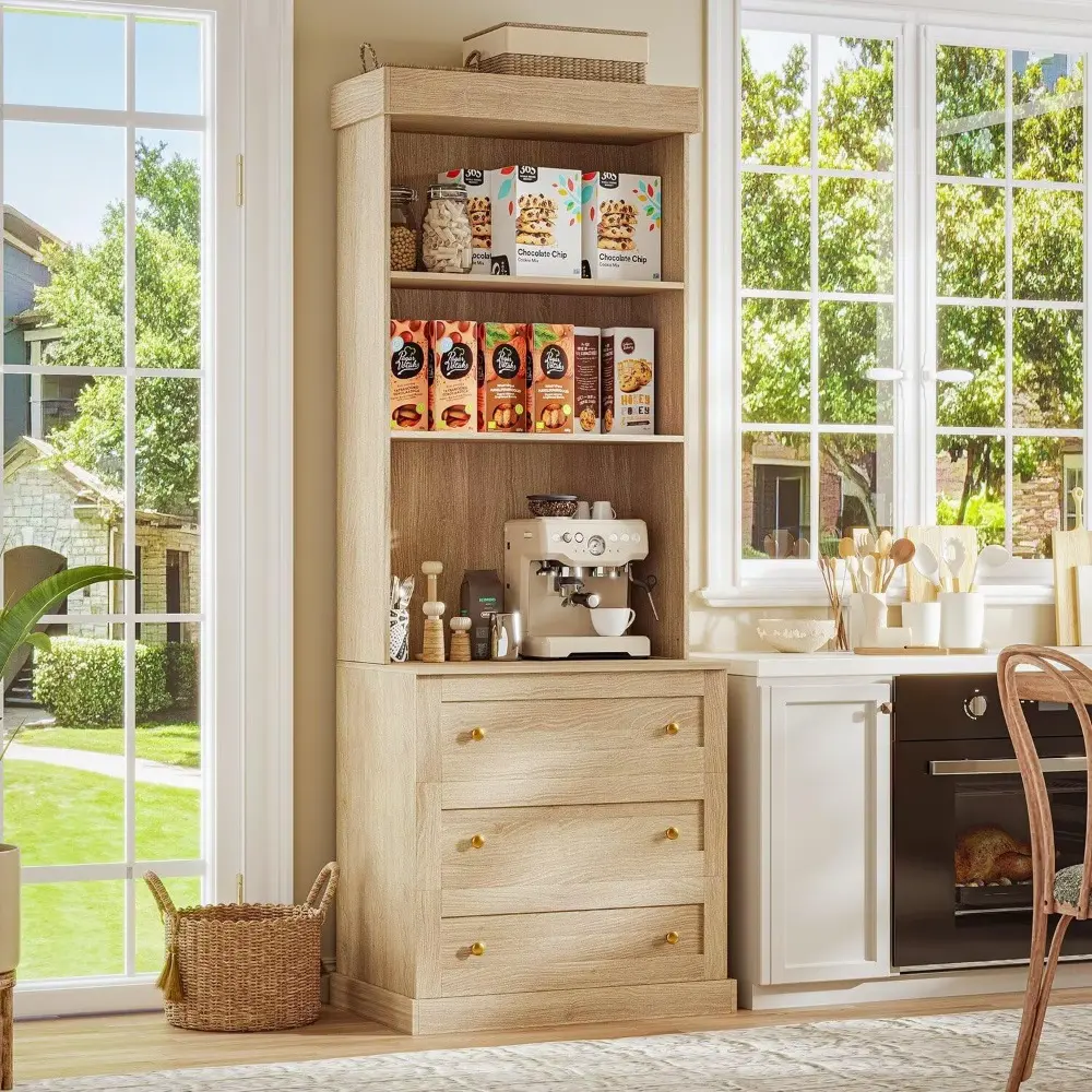 71" Tall Farmhouse Kitchen Pantry,Brown Large Storage Cabinet with Glass Doors and Drawers, Freestanding Coffee Bar Hutch with M
