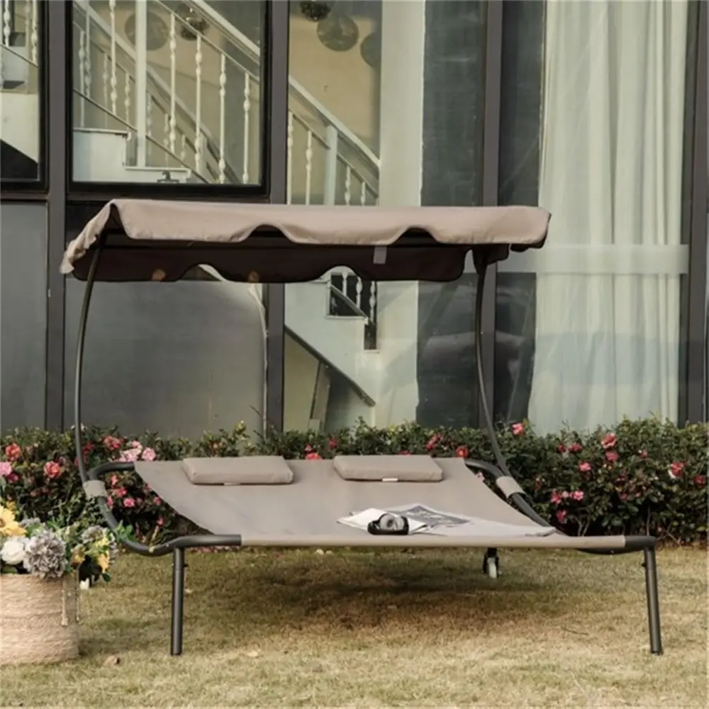 Folding Deck Chair/Beach Chair 2 Seater Outdoor Portable Leisure Nap Chair Camping Beach Lounger Sun Lounger with Headrest Sunsh