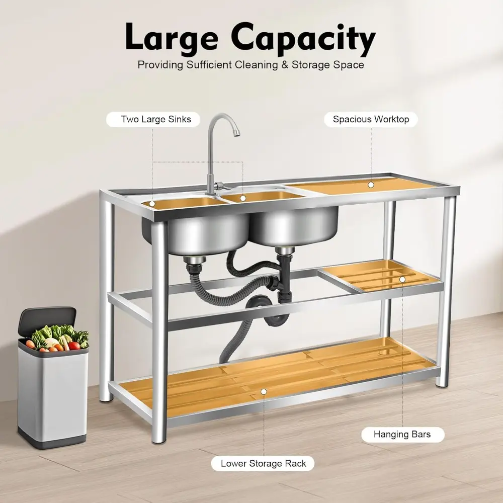 Stainless-Steel Double Bowl Sink 2 Compartment Basin 47''×18''×32'' Free Standing Commercial Restaurant Kitchen Sink Set with 36