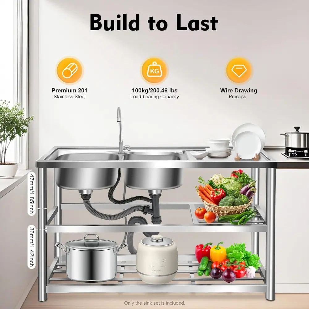 Stainless-Steel Double Bowl Sink 2 Compartment Basin 47''×18''×32'' Free Standing Commercial Restaurant Kitchen Sink Set with 36