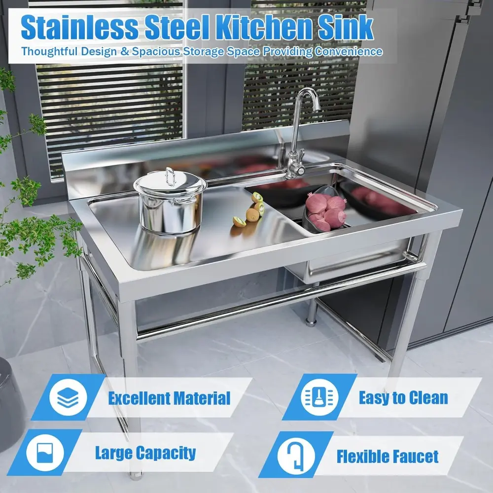 Free Standing Kitchen Sinks, Commercial Stainless Steel Single Sink Bowl Food Prep Table Restaurant Table 30"x48", Prep & Utilit