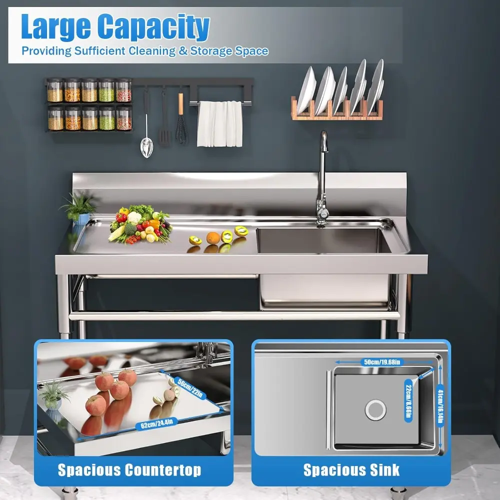 Free Standing Kitchen Sinks, Commercial Stainless Steel Single Sink Bowl Food Prep Table Restaurant Table 30"x48", Prep & Utilit