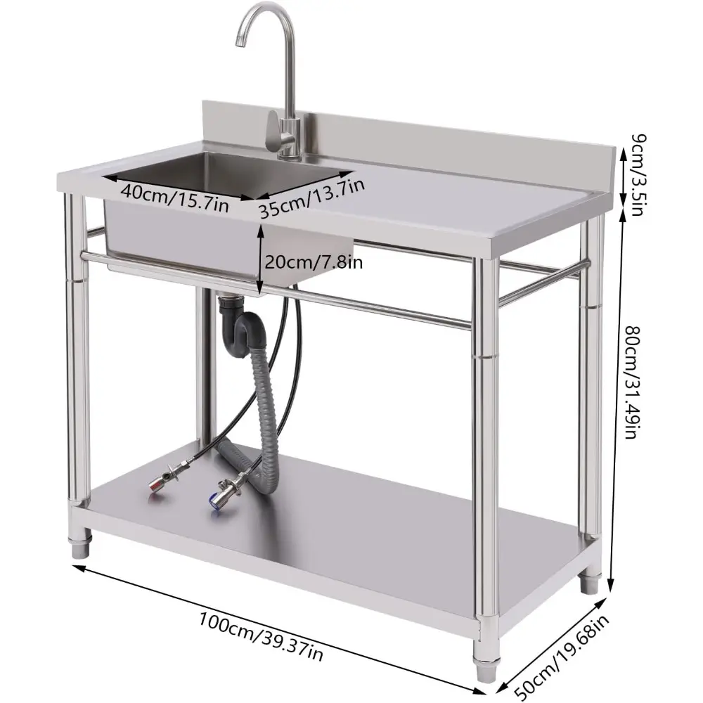 Commercial Stainless Steel Sink, Free Standing Prep Table Utility Sink, Silver Sink with Countertop for Outdoor Indoor Garage Ki