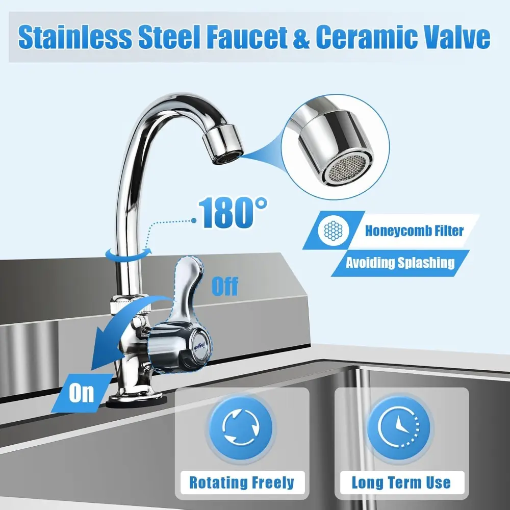 Free Standing Kitchen Sinks, Commercial Stainless Steel Single Sink Bowl Food Prep Table Restaurant Table 30"x48", Prep & Utilit
