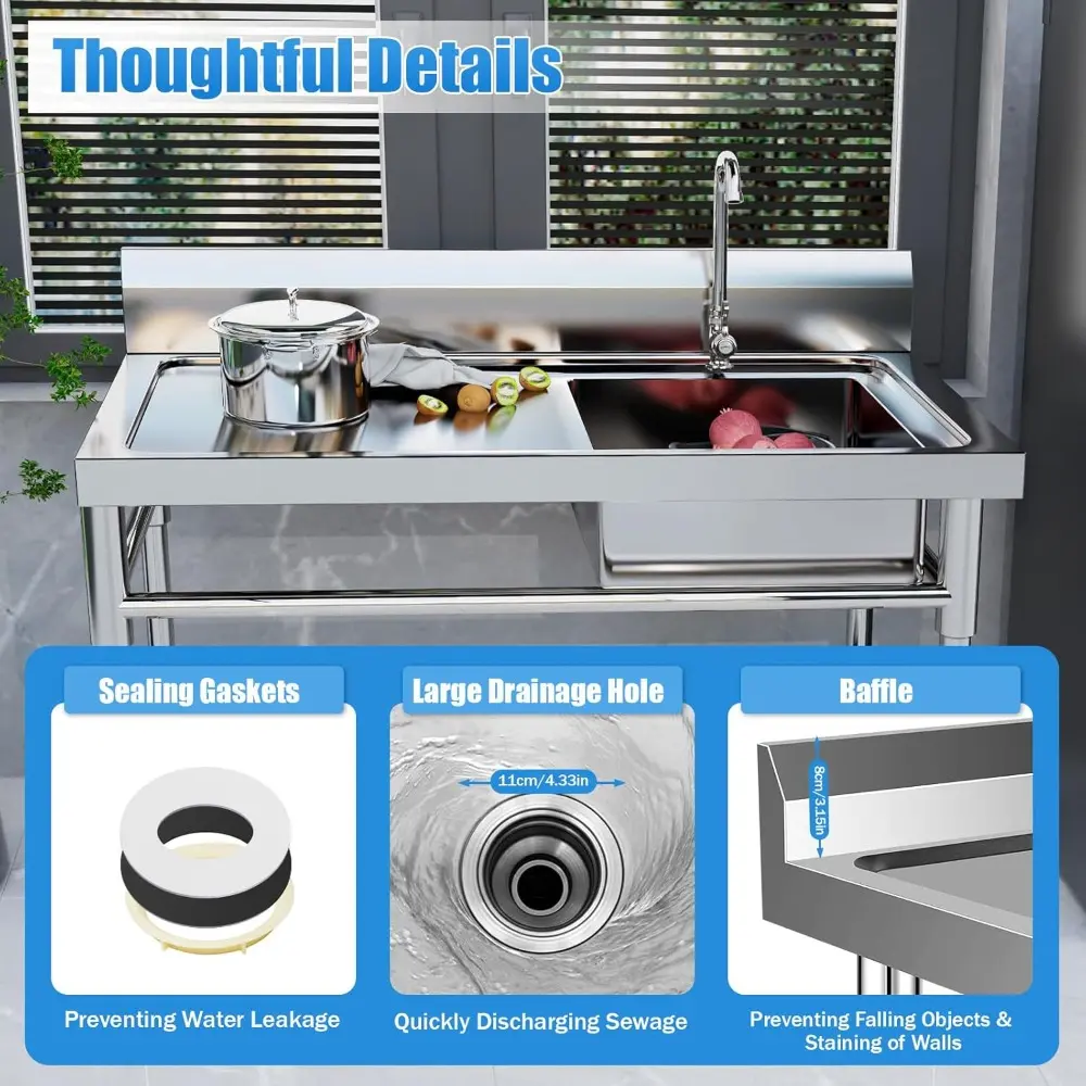 Free Standing Kitchen Sinks, Commercial Stainless Steel Single Sink Bowl Food Prep Table Restaurant Table 30"x48", Prep & Utilit