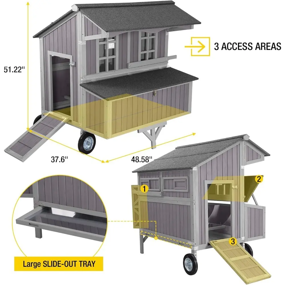 Chicken Coop Upgrade Durable Outdoor Chicken House with Large Wheels, Nesting Box, Leakproof Pull-on Tray and UV-Resistant Roof