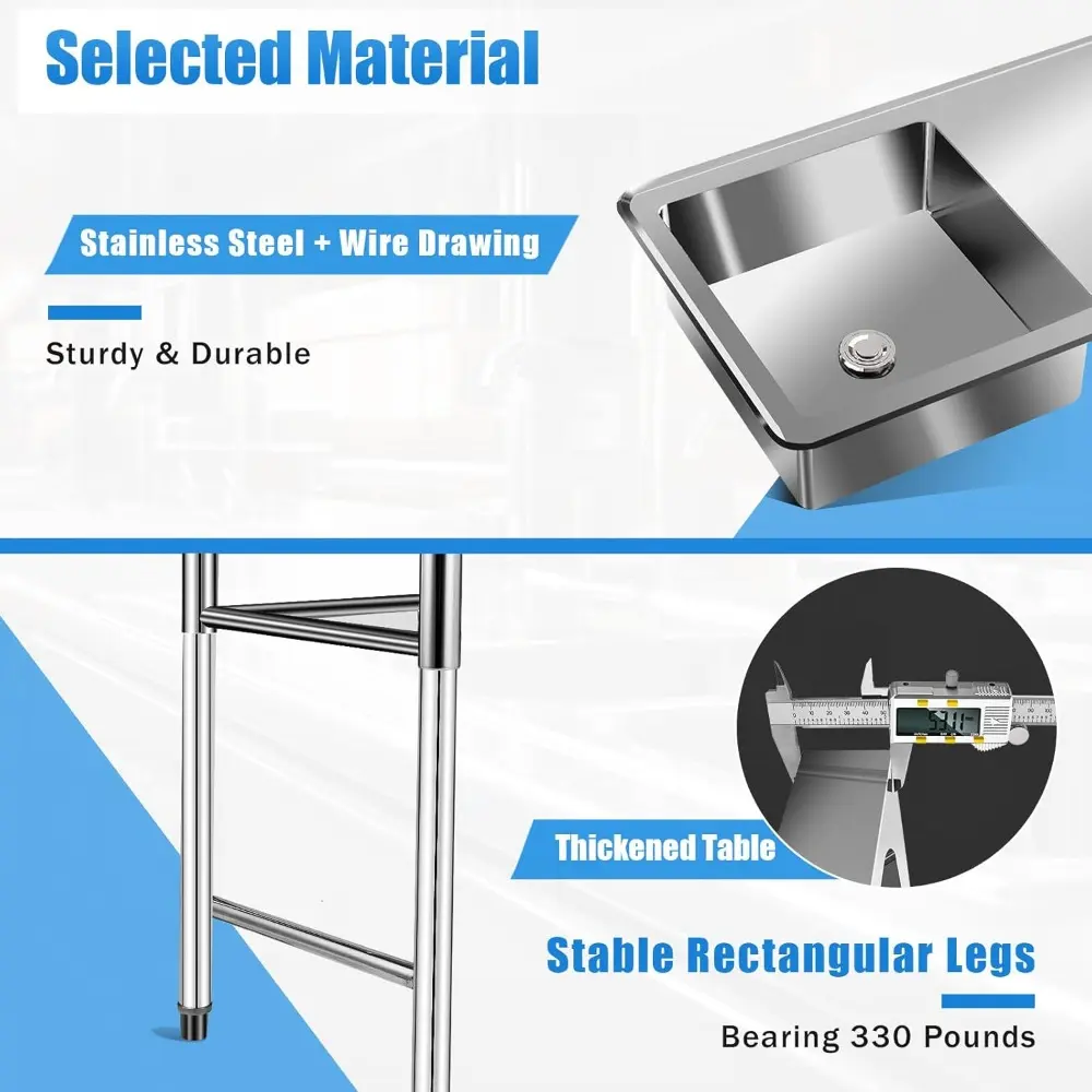 Free Standing Kitchen Sinks, Commercial Stainless Steel Single Sink Bowl Food Prep Table Restaurant Table 30"x48", Prep & Utilit
