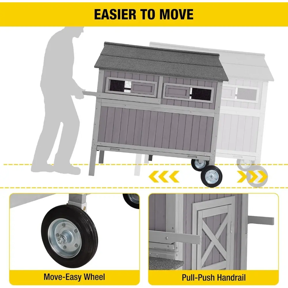 Chicken Coop Upgrade Durable Outdoor Chicken House with Large Wheels, Nesting Box, Leakproof Pull-on Tray and UV-Resistant Roof