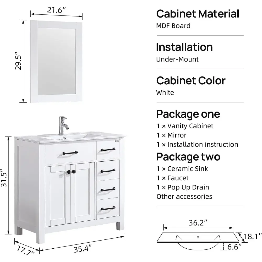 36 inch Bathroom Vanity with Ceramic Sink & Mirror, Wood Double Door Bathroom 5 Drawer Storage Vanity Combo Set,White