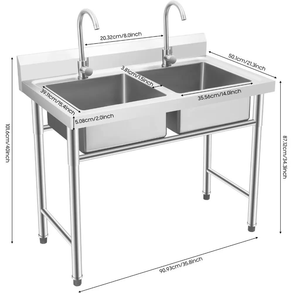 Stainless Steel Sink 2 Compartment Free Standing Utility Sink, Double Bowl Kitchen Sinks with 2 Rotary Faucets, Commercial Prep