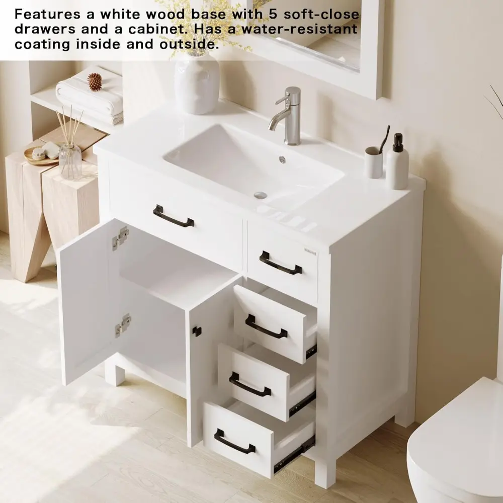 36 inch Bathroom Vanity with Ceramic Sink & Mirror, Wood Double Door Bathroom 5 Drawer Storage Vanity Combo Set,White