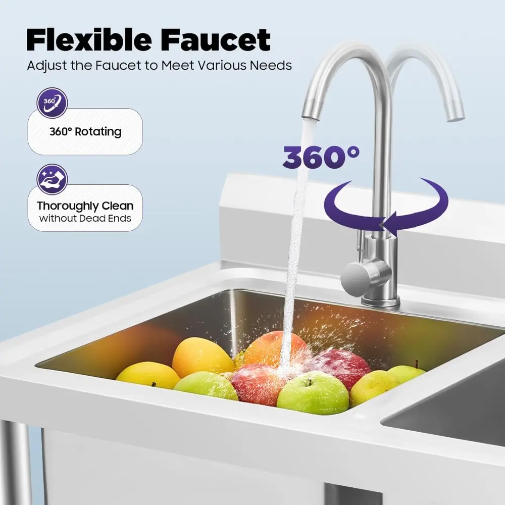 Stainless Steel Sink 2 Compartment Free Standing Utility Sink, Double Bowl Kitchen Sinks with 2 Rotary Faucets, Commercial Prep
