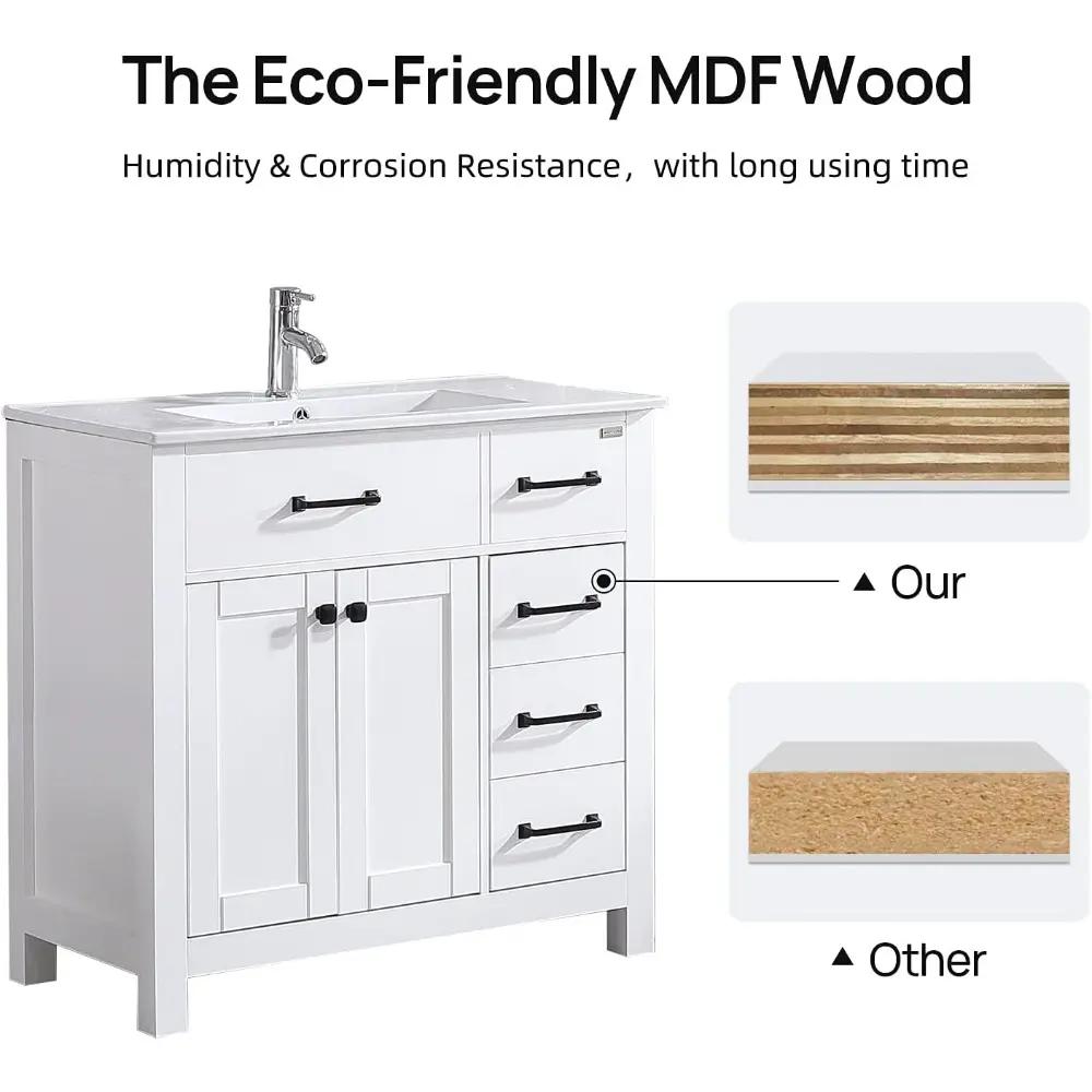 36 inch Bathroom Vanity with Ceramic Sink & Mirror, Wood Double Door Bathroom 5 Drawer Storage Vanity Combo Set,White