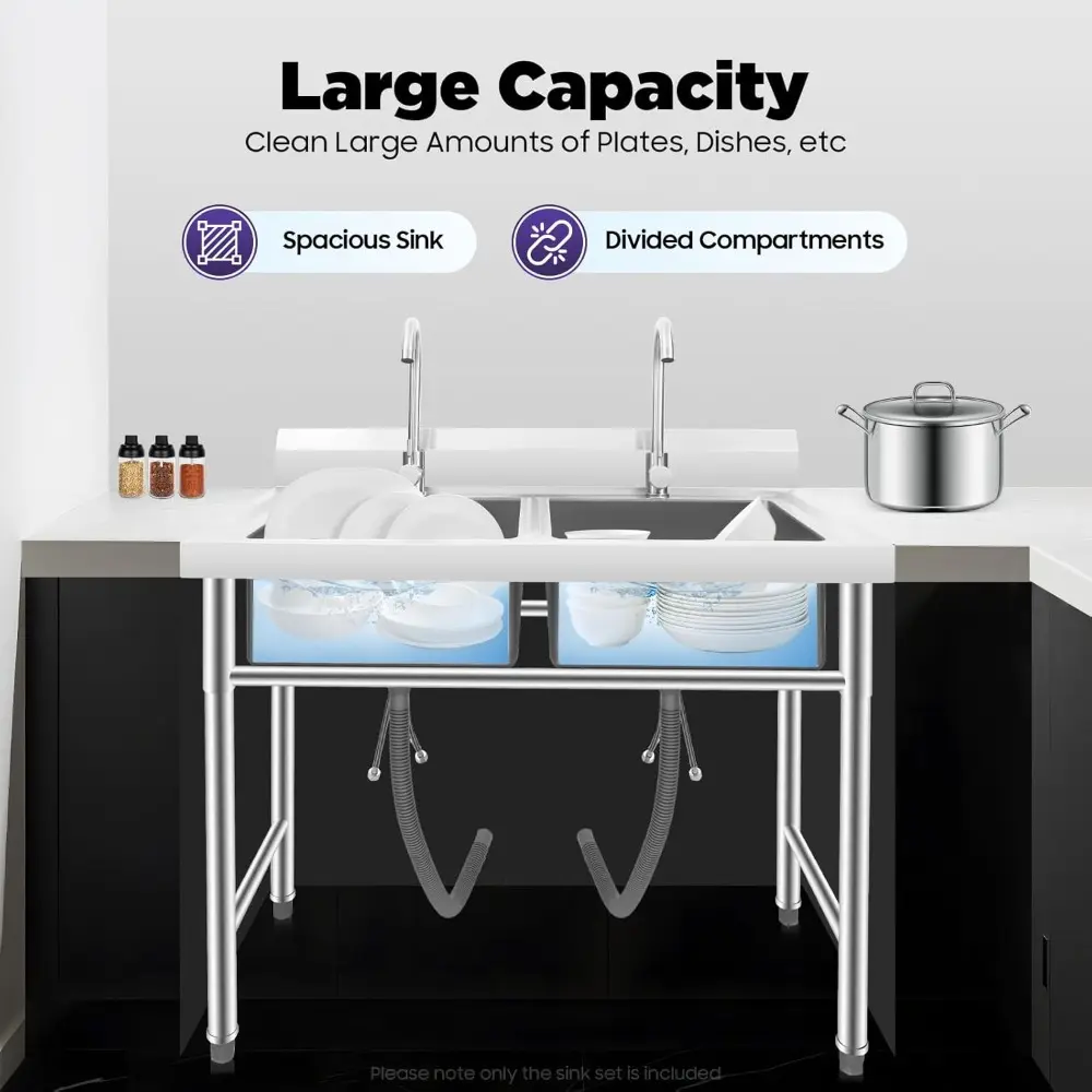 Stainless Steel Sink 2 Compartment Free Standing Utility Sink, Double Bowl Kitchen Sinks with 2 Rotary Faucets, Commercial Prep