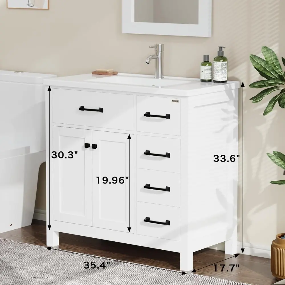 36 inch Bathroom Vanity with Ceramic Sink & Mirror, Wood Double Door Bathroom 5 Drawer Storage Vanity Combo Set,White