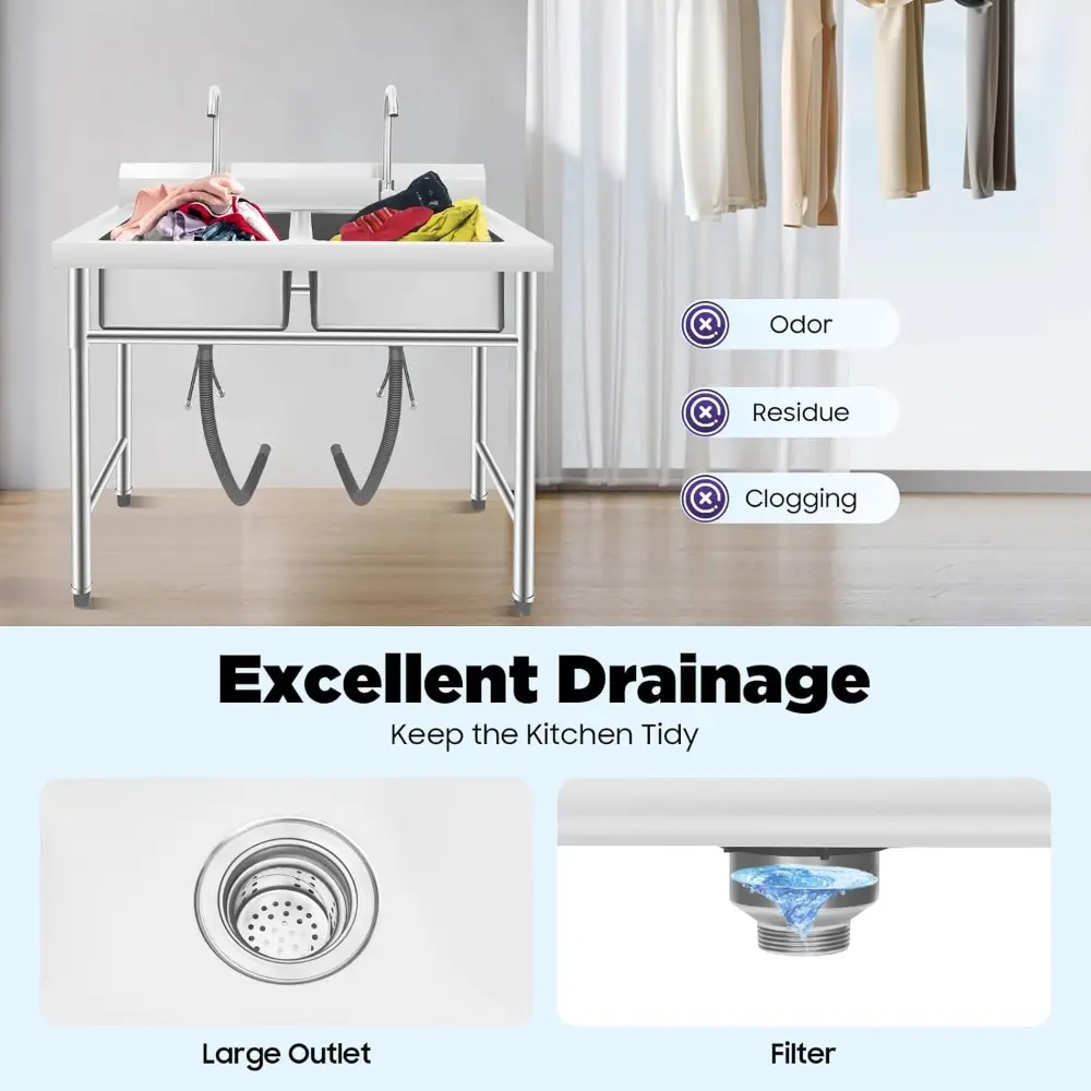 Stainless Steel Sink 2 Compartment Free Standing Utility Sink, Double Bowl Kitchen Sinks with 2 Rotary Faucets, Commercial Prep