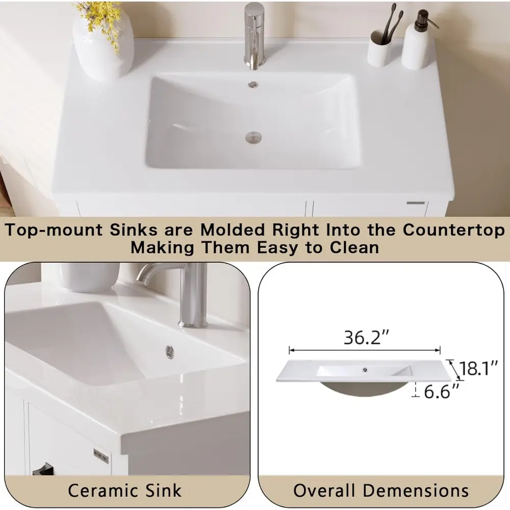 36 inch Bathroom Vanity with Ceramic Sink & Mirror, Wood Double Door Bathroom 5 Drawer Storage Vanity Combo Set,White