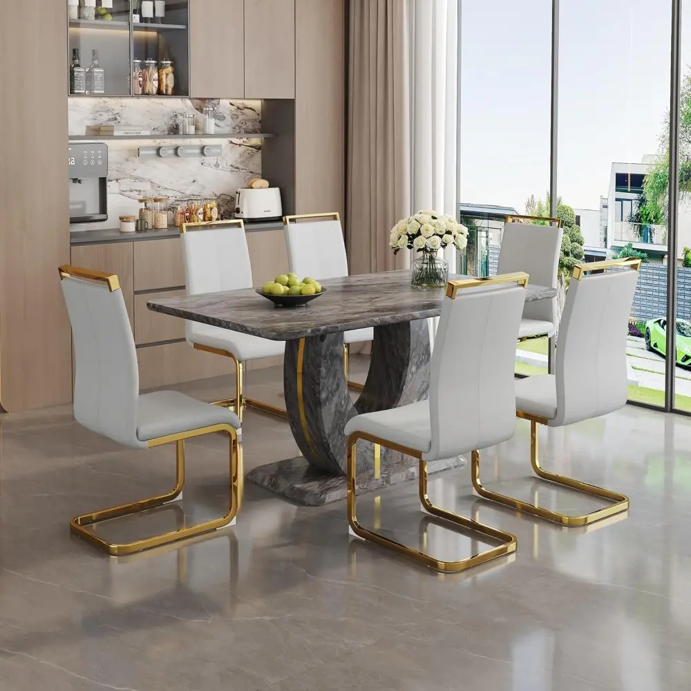 Modern Dining Table Set for 6, 63" Rectangular Kitchen Table and Chairs Set of 6, Grey Faux Marble Tabletop with 6 Upholstered C