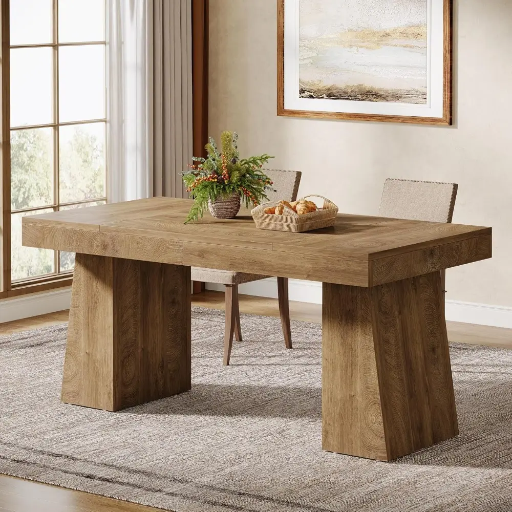 55-Inch Dining Table for 4-6, Rectangular Dining Room Table with Sturdy Legs, Wood Kitchen Dinner Table, Mid-Century Modern Din
