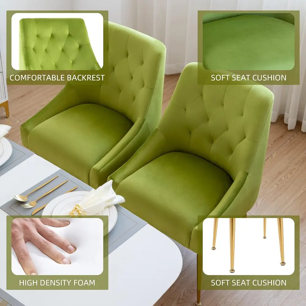 Modern Dining Chair Set of 2, Mid-Century Room Chair, Upholstered Comfortable Velvet with Back Pull Rod and Metal Legs for Kitch