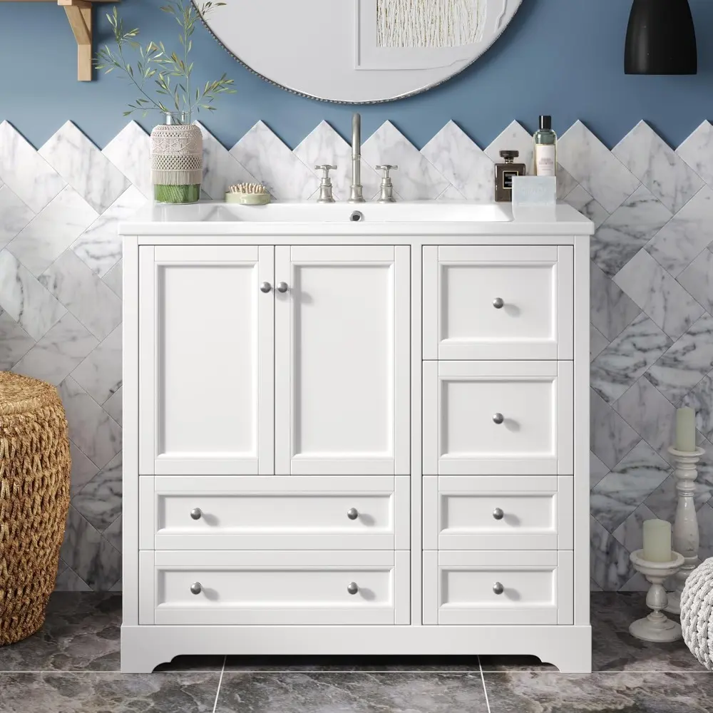 36'' Bathroom Vanity with Sink, Modern Bathroom Storage Cabinet with 4 Drawers and 2 Doors, Freestanding Ceramic Sink Vanity, So