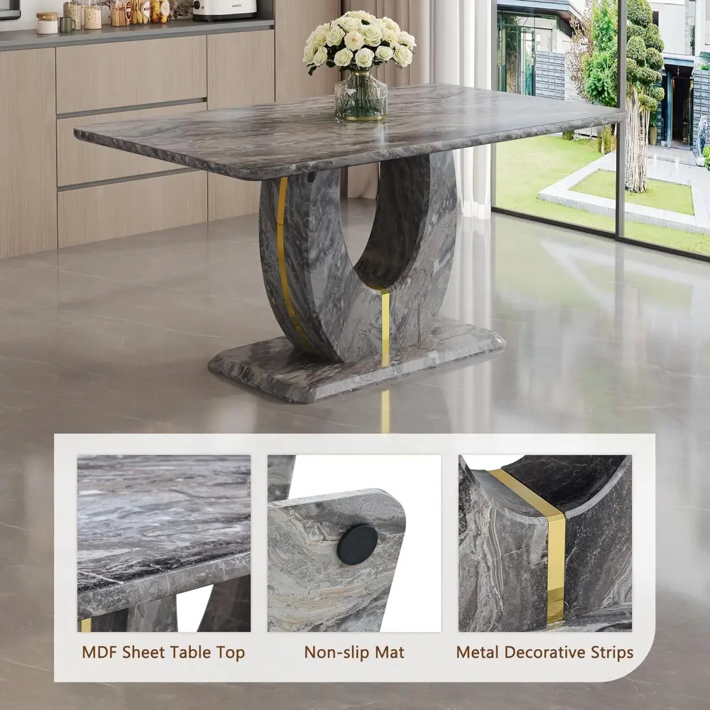 Modern Dining Table Set for 6, 63" Rectangular Kitchen Table and Chairs Set of 6, Grey Faux Marble Tabletop with 6 Upholstered C