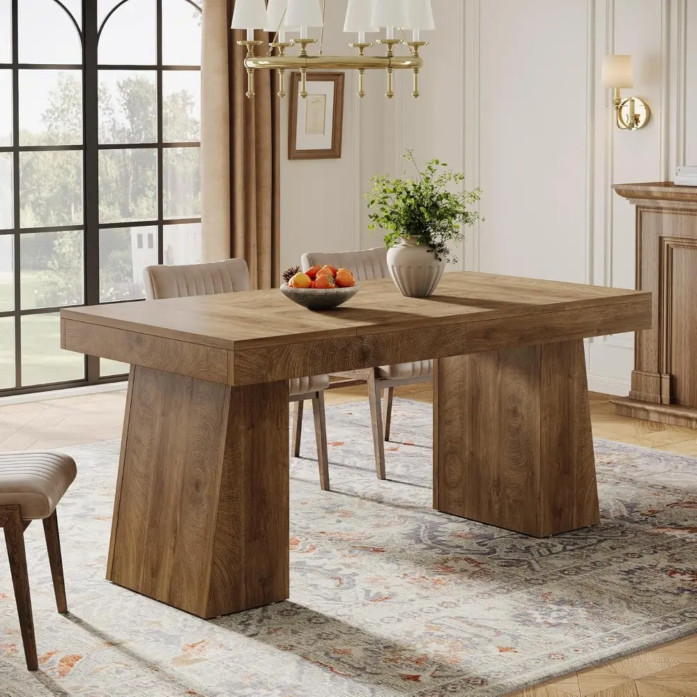 55-Inch Dining Table for 4-6, Rectangular Dining Room Table with Sturdy Legs, Wood Kitchen Dinner Table, Mid-Century Modern Din