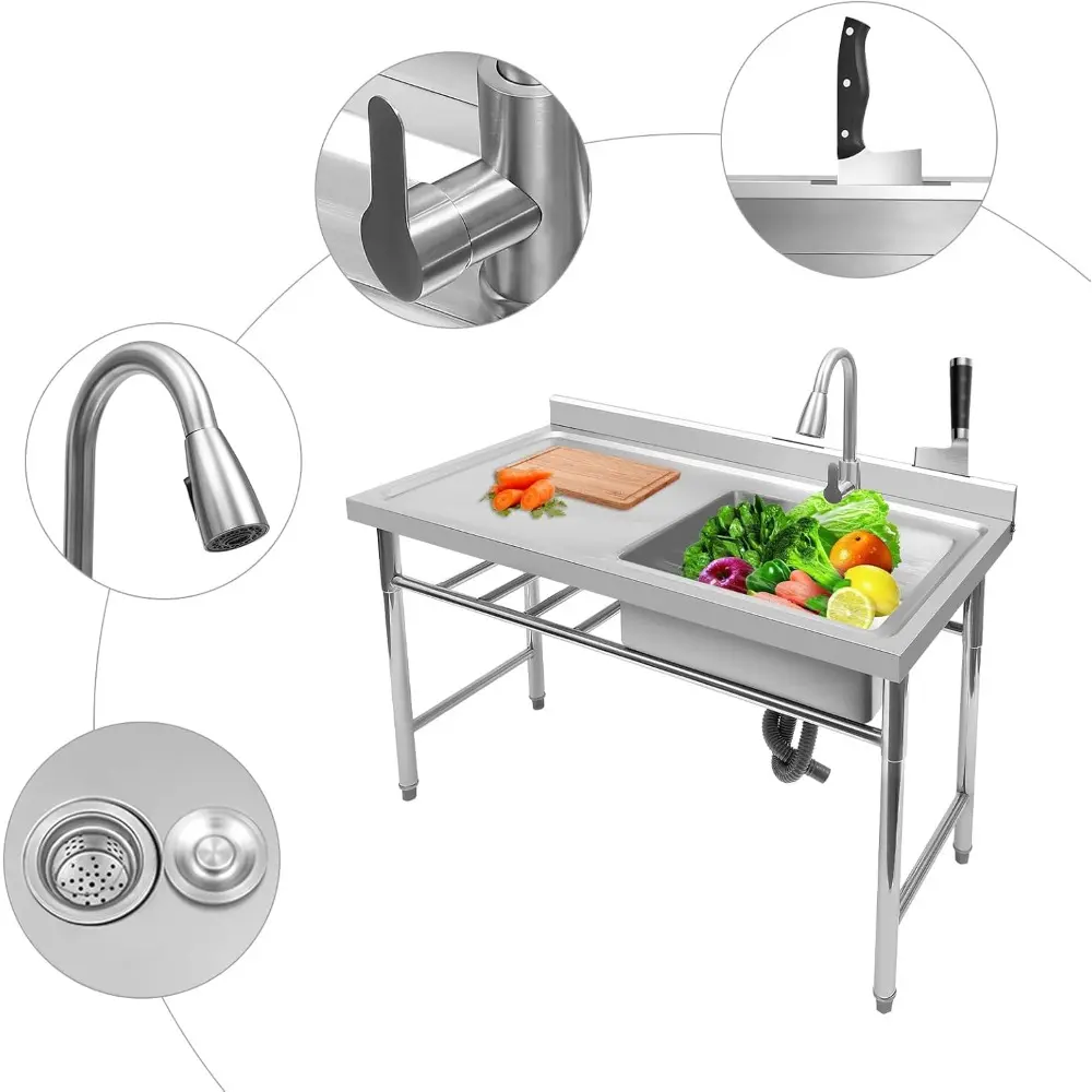 1 Compartment Commercial Kitchen Sink Restaurant Sink, Utility Sink Drain Board Stainless Steel Restaurant Sink with Large Drain