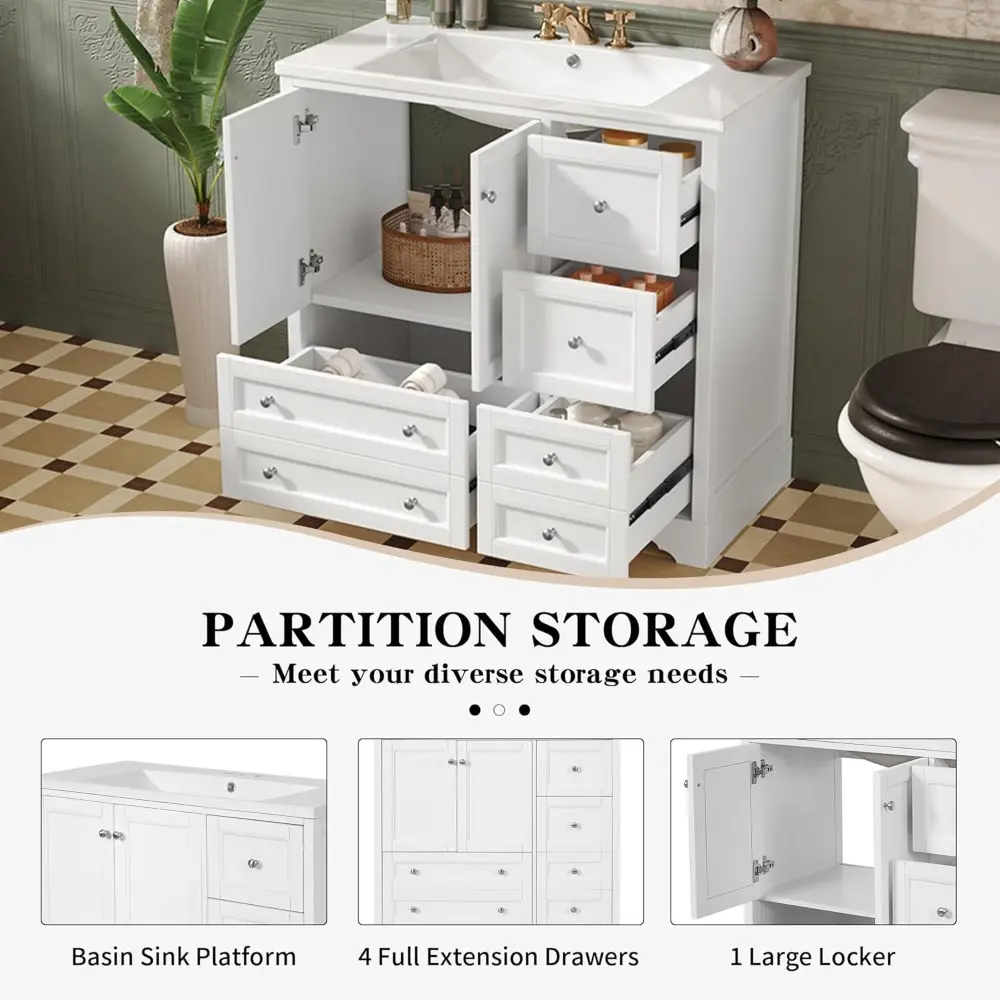 36'' Bathroom Vanity with Sink, Modern Bathroom Storage Cabinet with 4 Drawers and 2 Doors, Freestanding Ceramic Sink Vanity, So
