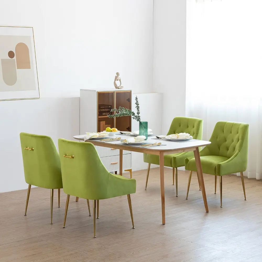 Modern Dining Chair Set of 2, Mid-Century Room Chair, Upholstered Comfortable Velvet with Back Pull Rod and Metal Legs for Kitch