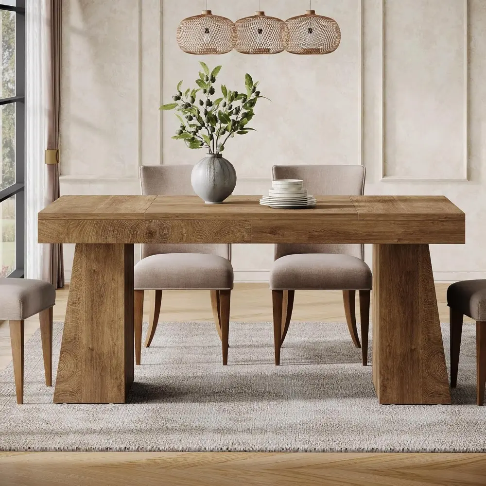 55-Inch Dining Table for 4-6, Rectangular Dining Room Table with Sturdy Legs, Wood Kitchen Dinner Table, Mid-Century Modern Din