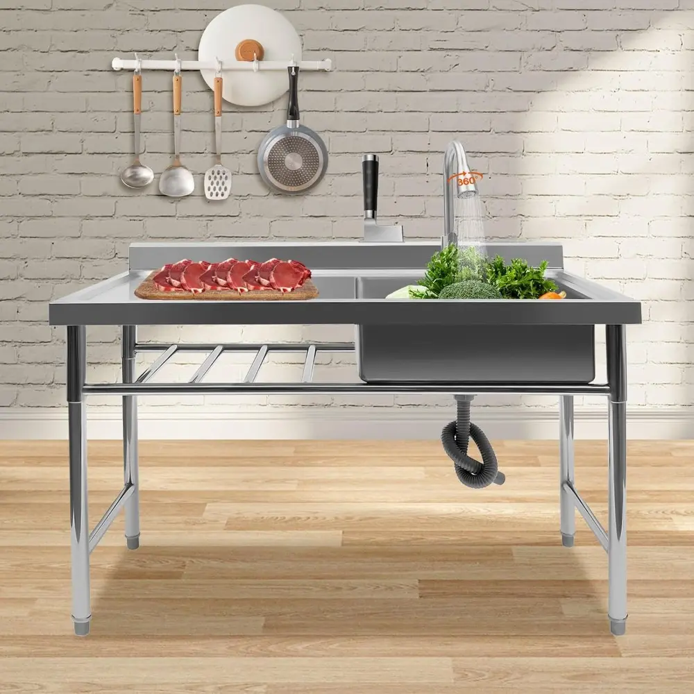 1 Compartment Commercial Kitchen Sink Restaurant Sink, Utility Sink Drain Board Stainless Steel Restaurant Sink with Large Drain