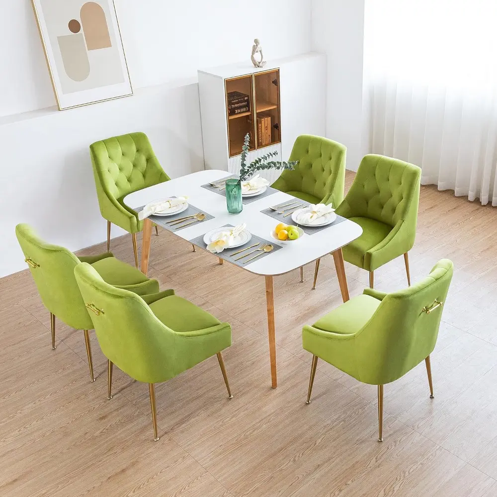 Modern Dining Chair Set of 2, Mid-Century Room Chair, Upholstered Comfortable Velvet with Back Pull Rod and Metal Legs for Kitch