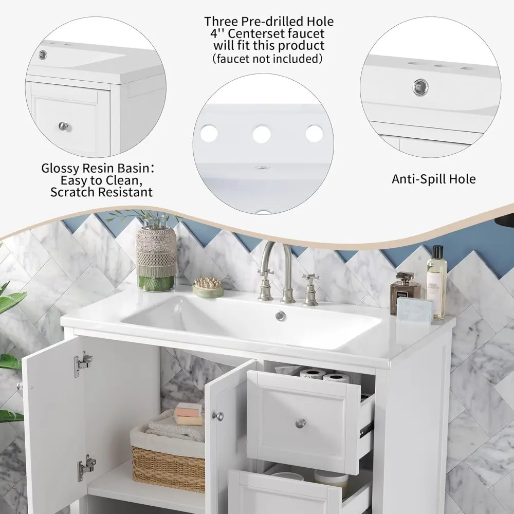 36'' Bathroom Vanity with Sink, Modern Bathroom Storage Cabinet with 4 Drawers and 2 Doors, Freestanding Ceramic Sink Vanity, So