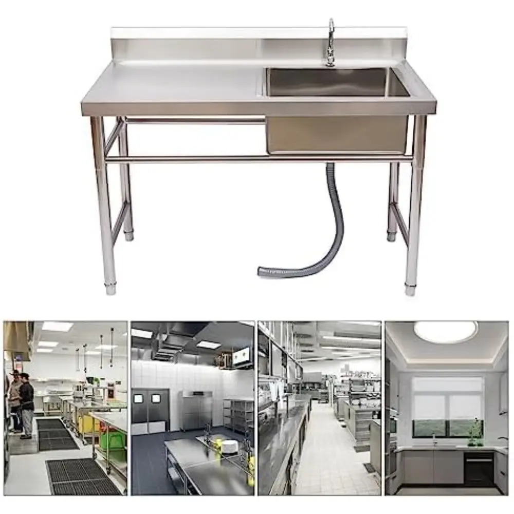 1 Compartment Commercial Kitchen Sink Restaurant Sink, Utility Sink Drain Board Stainless Steel Restaurant Sink with Large Drain