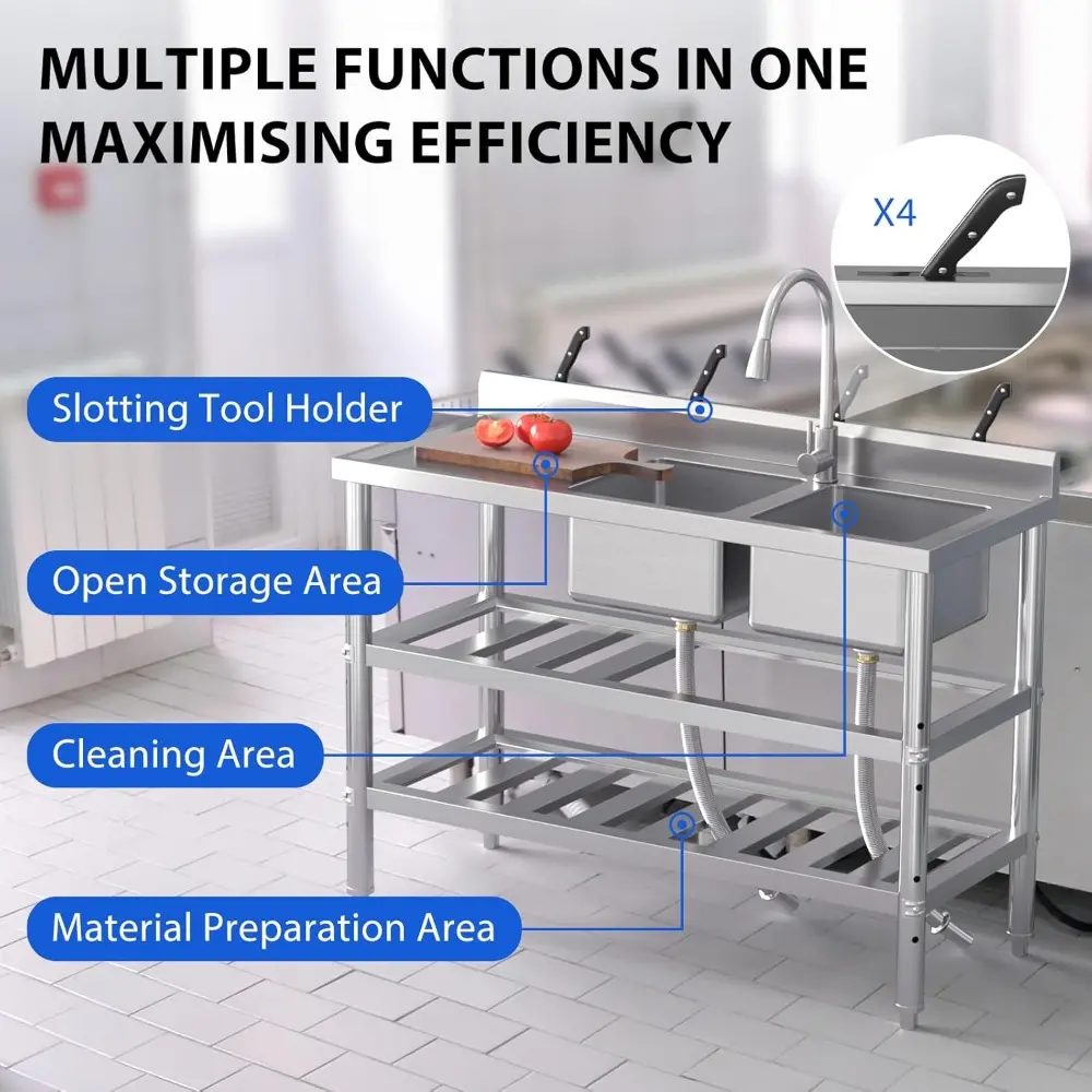 304 Stainless Steel Utility Sink with Workbench, NSF Free Standing Kitchen Sink Single Bowl with Hot & Cold Water Faucet for Gar