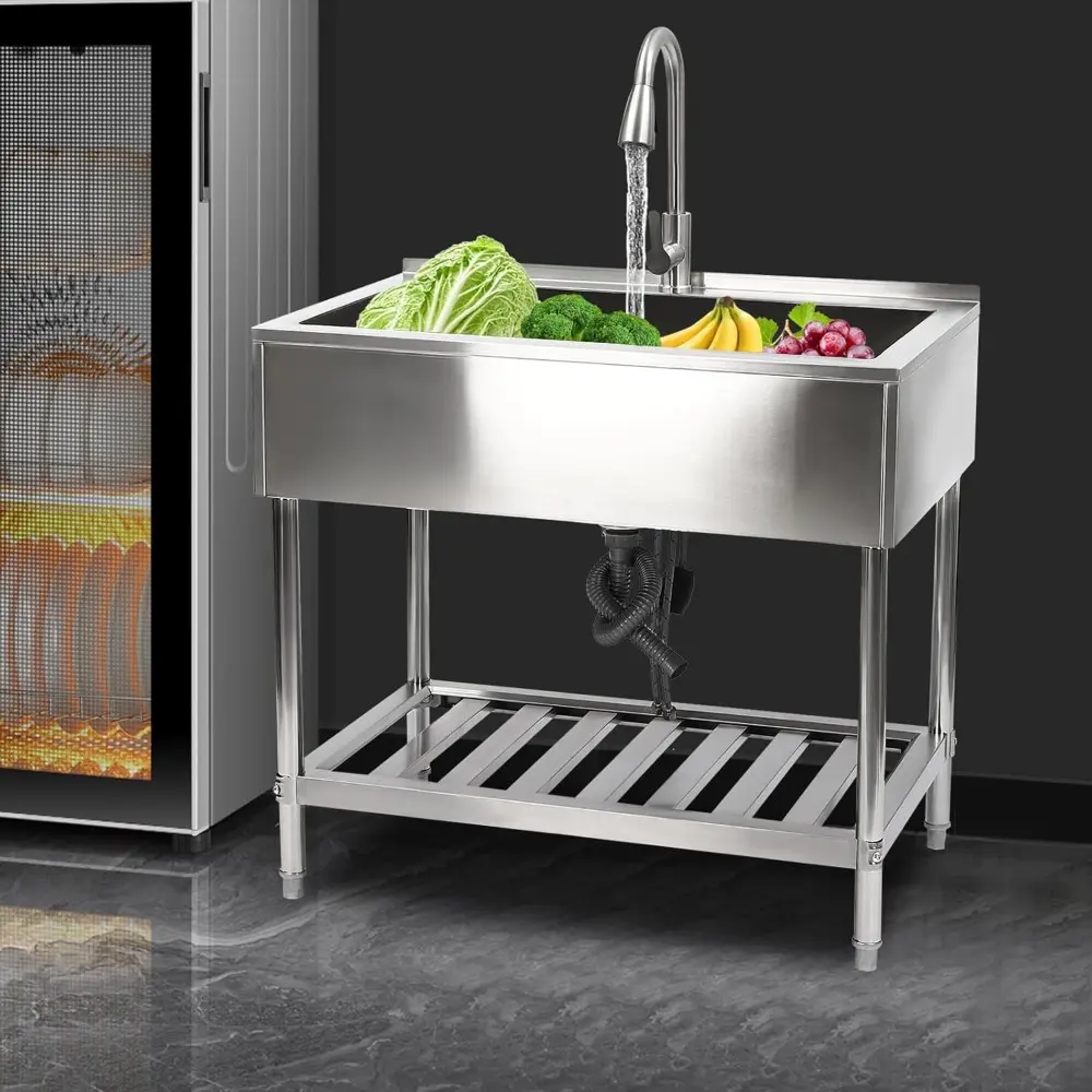 Utility Sink, 35.8" L x 23.2" W x 34.3" D Free Standing Single Bowl Kitchen Sink with Cold and Hot Water Faucet, Commercial Sta