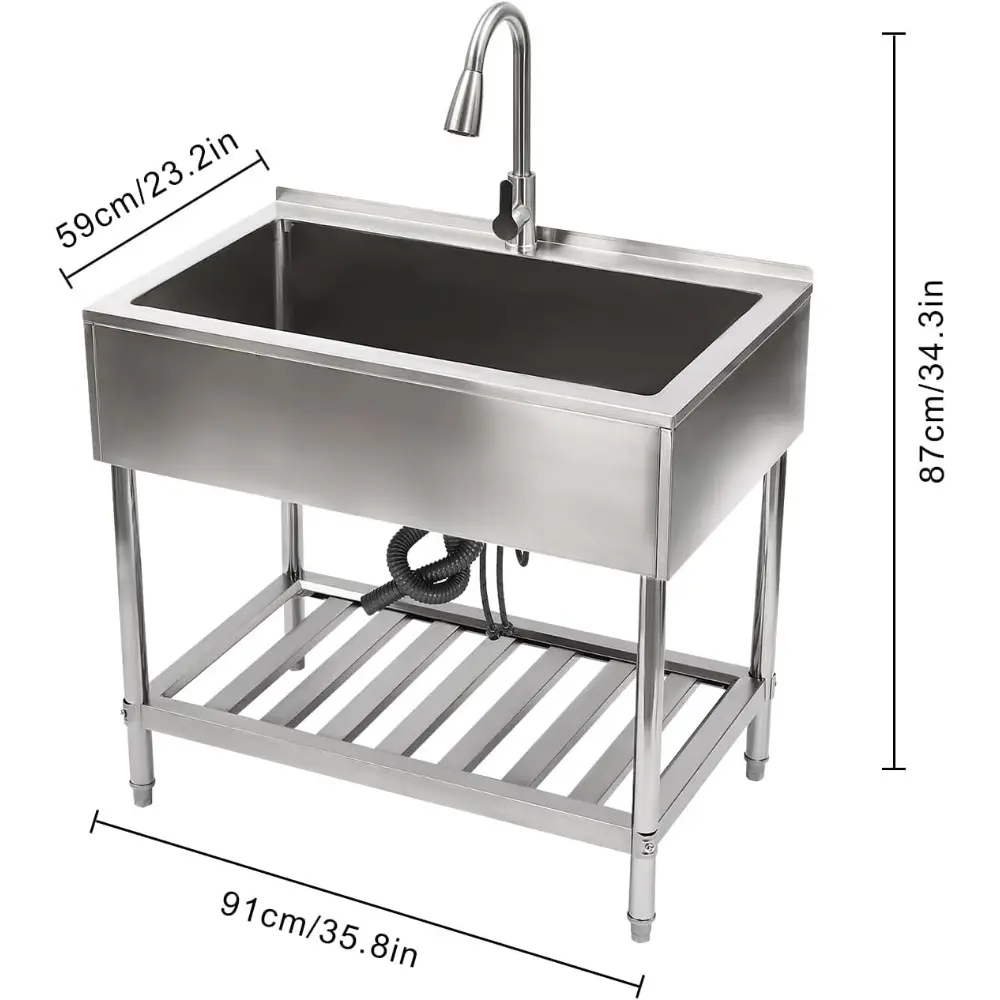 Utility Sink, 35.8" L x 23.2" W x 34.3" D Free Standing Single Bowl Kitchen Sink with Cold and Hot Water Faucet, Commercial Sta