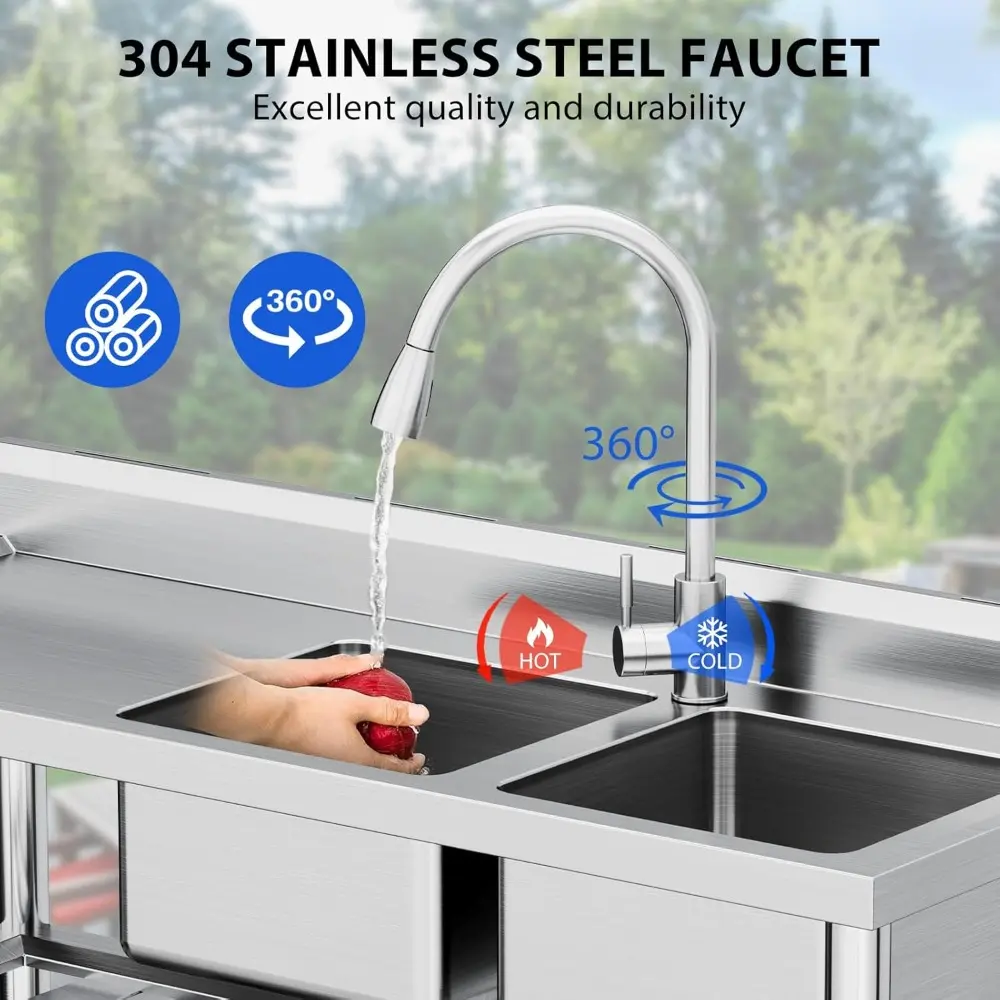 304 Stainless Steel Utility Sink with Workbench, NSF Free Standing Kitchen Sink Single Bowl with Hot & Cold Water Faucet for Gar