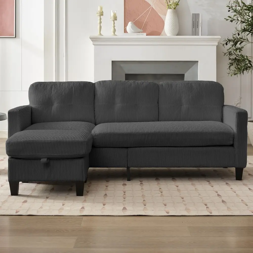 L Shape Sectional Sofa for Living Room, 3 Seater L-Shaped Couch with Reversible Storage Ottoman, Corduroy Fabric Lounge Couch C